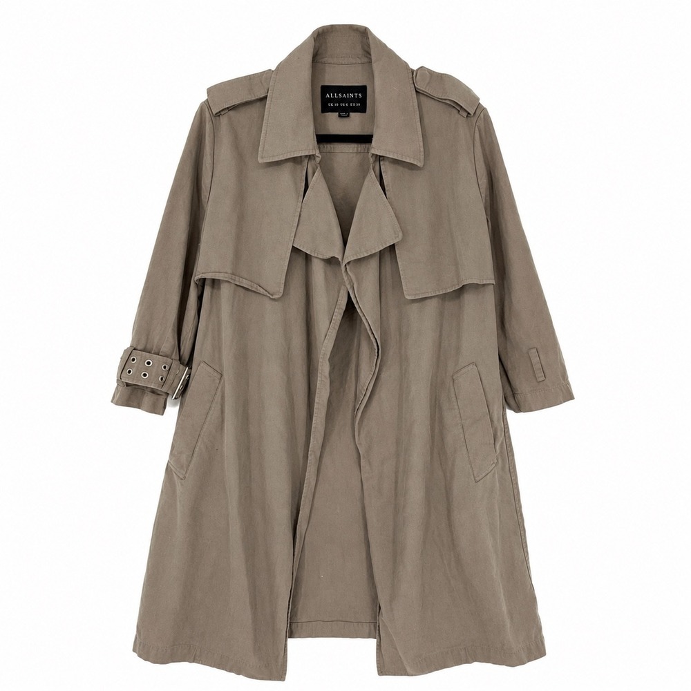 AllSaints Kay Mac Trench Coat Taupe Brown Cotton Grommet Belted Cuff US 6 W009N